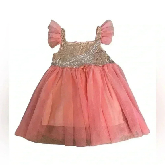 Gold Sequin Coral Tulle Sleeveless Layered Pink Princess Dress SZ 6/7 # 1564 - Picture 1 of 8